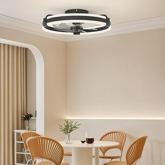 Garwarm 20 Inch Ceiling Fans with Lights and Remote, Modern Low Profile Ceiling Fan,3000K-6000K Dimmable LED Small Fan Light Fandelier for Bedroom,Black