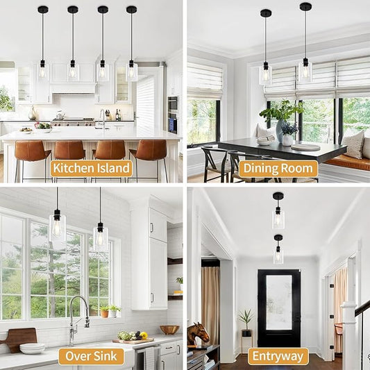 3 Pack Black Pendant Lights Kitchen Island, Modern Glass Pendant Lighting Over Island Kitchen Hanging Bathroom Ceiling Light Fixtures Adjustable Pendant Lights for Dining Room Hallway Bedroom