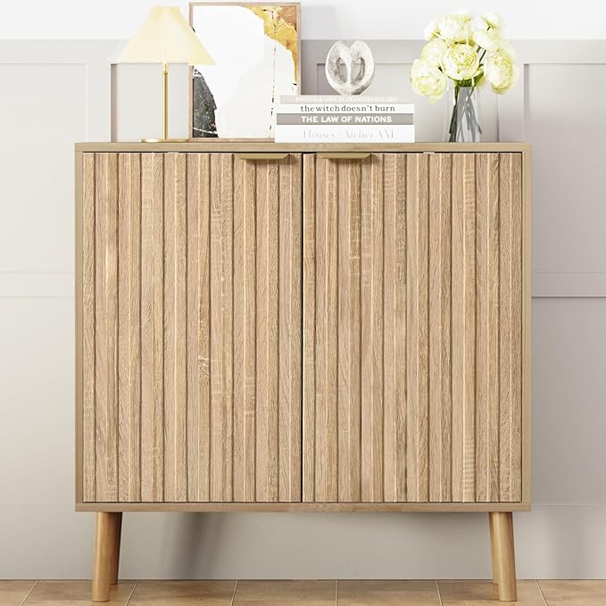 Vrullu Fluted Storage Cabinet, Free Standing Buffet, Wood Sideboard, Multifunctional Accent Storage for Living Room, Hallway, Entryway, Dining Room (2, Oak)