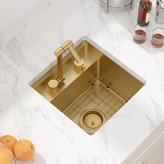 Sarlai Outdoor Sink, 15x15 Inch Gold Undermount Kitchen Sink Workstation with Foldable Faucet Bar Prep Single Bowl Gold Kitchen Sinks16 Gauge Stainless Steel BBQ Sinks with Cover 15"x15"x9"