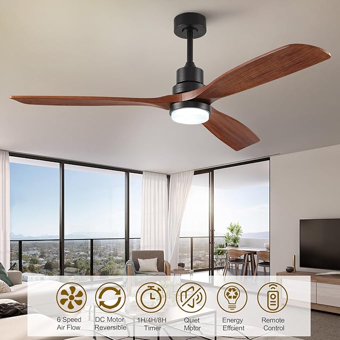 60 Inch Ceiling Fans with Lights and Remote, Quiet Reversible DC Motor and 3 Color Dimmable Light, 3 Blades 6 Speed Wood Ceiling Fan for Farmhouse Living Room Bedroom Dining Room Workroom Study