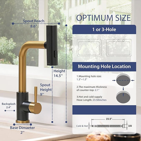 CENOSA Kitchen Faucet with Pull Down Sprayer Waterfall Single Hole Kitchen Sink Faucet Stainless Steel Modern Kitchen Faucets Black and Gold