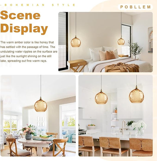 Vintage Amber Pendant Lighting, 13.8" Large Glass Pendant Light with Hammered Globe Shade, Modern Farmhouse Black and Gold Pendant Hanging Light Fixture for Kitchen Island Dining Room Bedroom