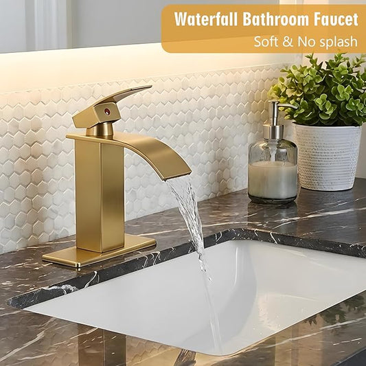 Bathroom Sink Faucet, Waterfall Bathroom Faucet with Pop-up Drain, Supply Hoses and Deck Plate, Suitable for 1 or 3 Holes, Brushed Gold