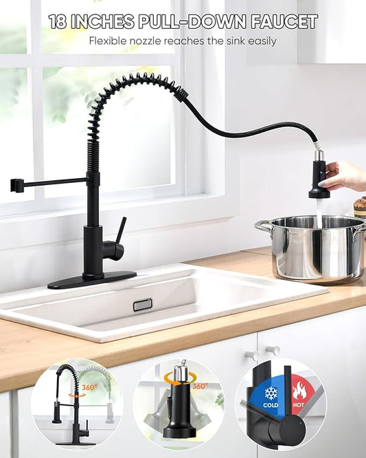 OWOFAN Black Kitchen Faucet with Pull Down Sprayer Stainless Steel Commercial Single Handle Classic Spring Pull Out Kitchen Sink Faucet for Pot Filler Farmhouse Camper Bar Laundry Room 866080R