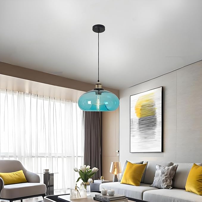 11" Sky Blue Glass Pendant Light Industrial Vintage Design Suitable for Kitchen Island Bedroom Dining Room Adjustable Height E26 Bulb Compatible (Sky Blue)