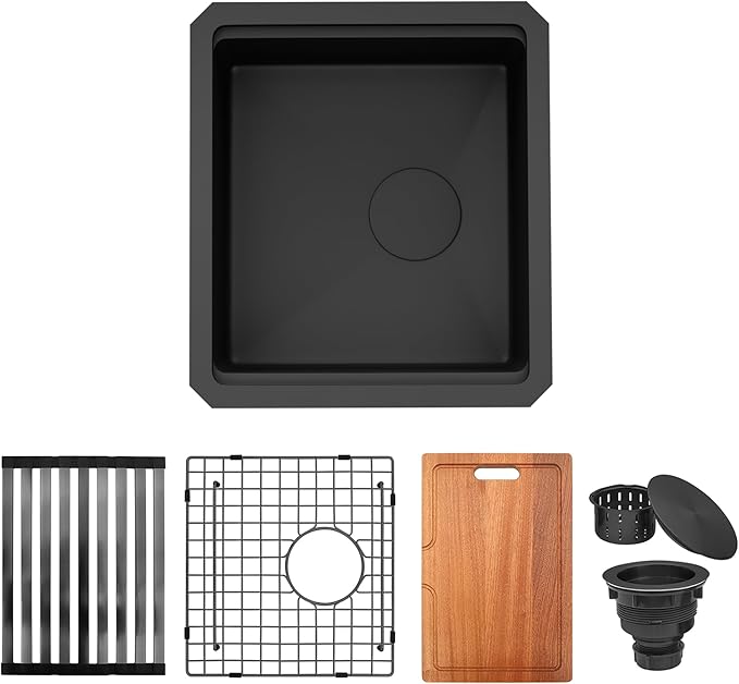 Kitsitchen Black Undermount Bar Sink,16 Inch Black Stainless Steel Bar Sink,Small Bar & Prep Sinks,Single Bowl 16 Gauge T-304S Stainless Steel Workstation Sink for Wet Bar Area(16" X 18"X 10")