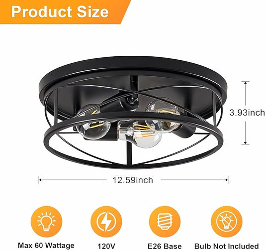 Farmhouse Light Fixtures, Black Round Metal Flush Mount Ceiling Light, 3-Light Cage Ceiling Lamp for Kitchen, Foyer, Bedroom, Hallway(Bulbs Not Included)