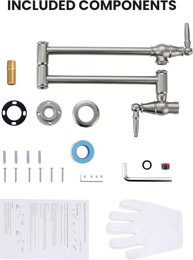 Pot Filler Faucet Brushed Nickel: Solid Brass Wall Mount Heavy Duty Stove Pot Filler with Double Joint Swing Arms - Single Hole Commercial Folding Stretchable Faucet 2 Handles for Kitchen Restaurant