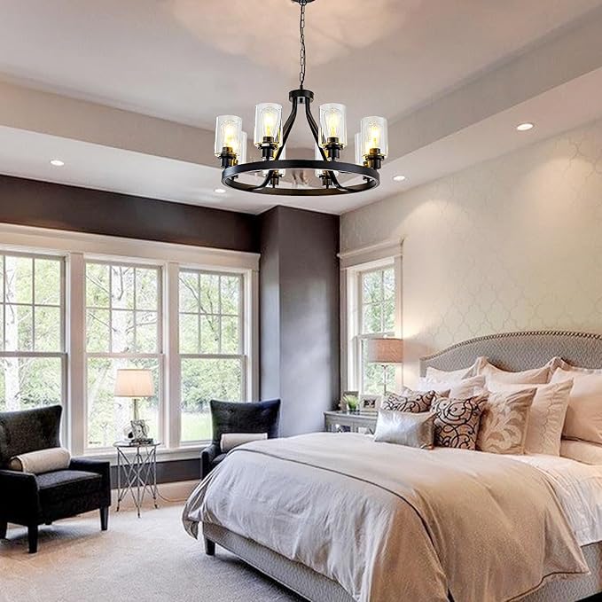 Lanhall 8-Light Black Dining Room Light Fixtures Farmhouse Wagon Wheel Chandelier Kitchen Island Pendant Lights Modern Industrial Rustic Adjustable Height Metal E26