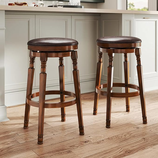 Giantex Swivel Bar Stools Set of 2, 29" Bar Height Bar Stools w/Faux Leather Padded Seat, Footrests, Solid Wooden Frame, Farmhouse Backless Barstools for Kitchen Island, Pub, Dining Room, Cafe