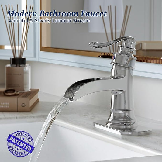 BWE Chrome Waterfall Bathroom Faucet, Single Handle One Hole Sink Faucet with Pop Up Drain and Water Supply Line for Vanity Basin, Solid Brass Construction