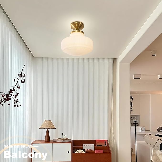 Milk White Glass Flush Mount Ceiling Light Fixture, Mid Century Modern Farmhouse Close to Ceiling Lamp for Bedroom Kitchen Hallway Laundry, Gold Ceiling Lighting