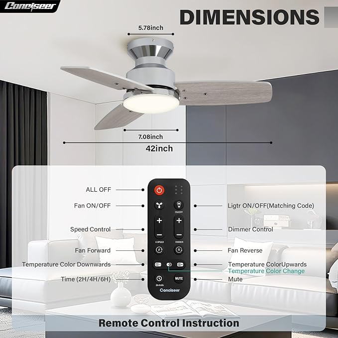 42 Inch Ceiling Fans with Lights and Remote, Bedroom Living Room Office, Flush Mount, 3CCT Dimmable, Dual Color 3 Blades 6 Speed Reversible Quiet DC Motor, Chrome-Plated/Wood Grain, 2 Pack