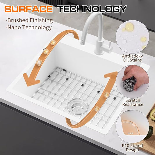 White Stainless Steel Kitchen Sink - 25x22 Inch Single Bowl Topmount With Sink Grid and Drain Assembly - Clean & Bright Bar Sink to Enhance Aesthetic Appeal of Modern Kitchen