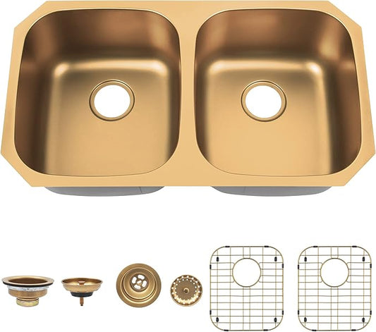 LQS Brushed Gold Kitchen Sink, 32 Inch Undermount Kitchen Sink Gold, Double Kitchen Sink Stainless Steel with Two Sink Strainers and Two Sink Grids