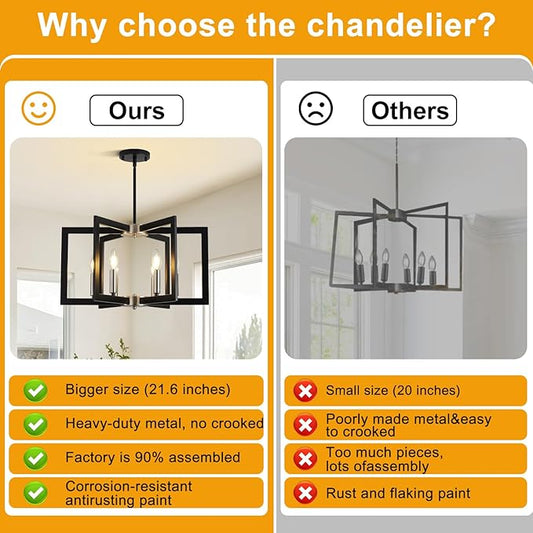 21.6" Dining Room Light Fixture, 6-Light Black+Brushed Nickel Farmhouse Chandeliers for Dining Room, Industrial Hanging Pendant Lights Fixture for Kitchen Island, Bedroom, Entryway, Foyer, Entryway