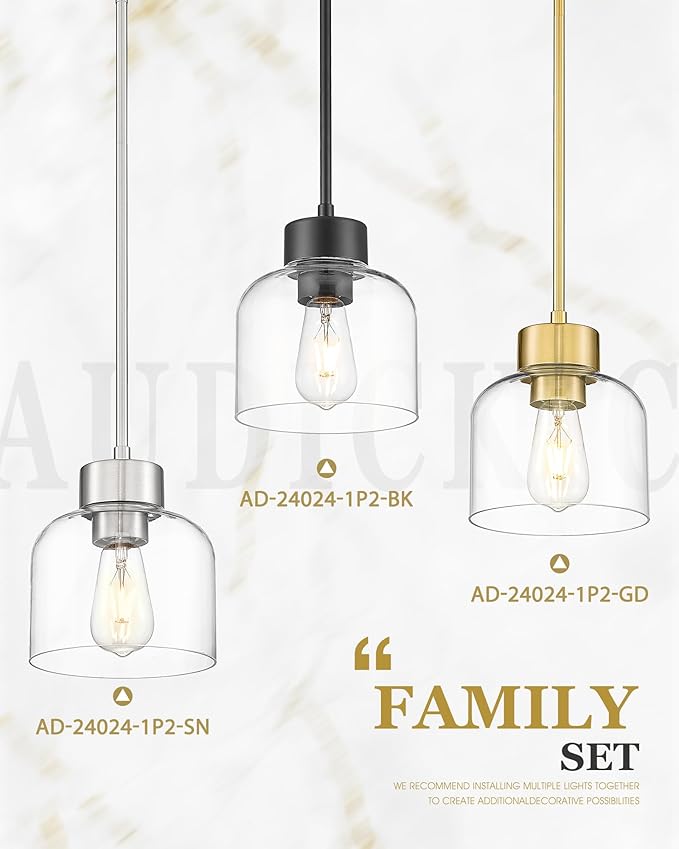 2-Pack Pendant Lights Kitchen Island, 7" Matte Black Hanging Lights Fixtures with Clear Glass Shade, Modern Kitchen Pendant Lighting Over Island for Dining Room, AD-24024-1P2-BK