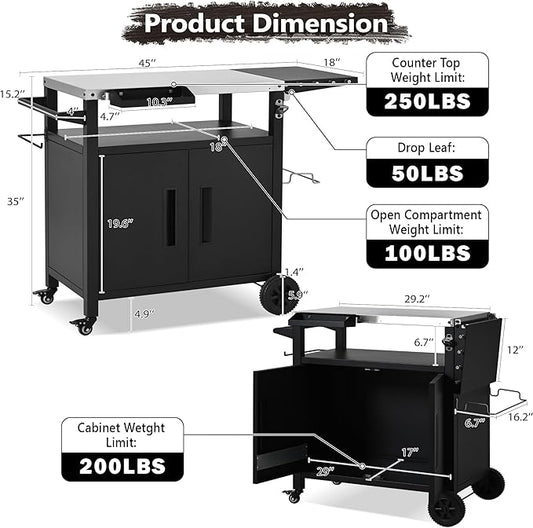 Outdoor Kitchen Island with Stainless Steel Top and Storage Cabinet, Metal Kitchen Island with Foldable Table and Hooks & Spice Rack, Rolling Grill Cart with Wheels and Waterproof Cover Included Black