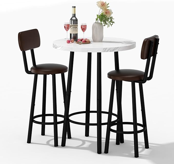 Recaceik Pub Table and Chairs Set of 2, 24" Dining Table Set with 2 PU Leather Upholstered Stools, 3-Piece Round Small Space Kitchen Table Pub Table Set for Apartment Dining Room, Living Room, White
