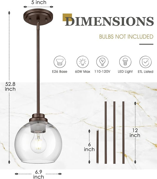 2-Pack Pendant Lights Kitchen Island, 7" Oil Rubbed Bronze Hanging Lights Fixtures with Clear Glass Globe Shade, Modern Kitchen Island Lighting for Bathroom, AD-22280-1P2-ORB