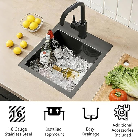 IKEBANA 18x18 Inch Black Bar Sink drop in, 9 Inch Deep 16 Gauge Stainless Steel Topmount Black Small Kitchen Sink, Single Bowl Wet Bar Outdoor RV Prep Sinks With Dish Grid & Drain
