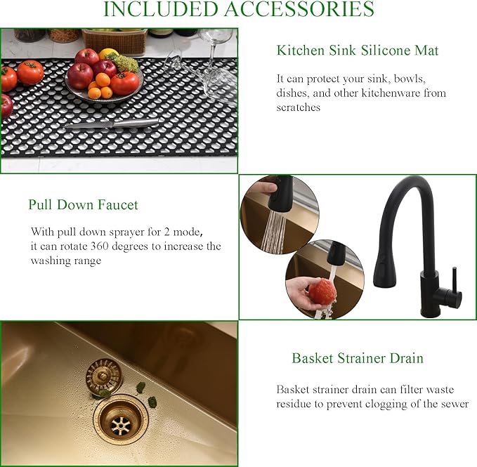 33 Inch Gold Drop In Kitchen Sink with Faucet Combo-Brovy 33x19 Drop-In Top Mount Kitchen Sink Brushed Gold 18 Gauge Deep Single Bowl Kitchen Sink with Mat&Drainer