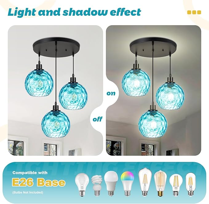 Mid-Century Modern Cluster Pendant Light, 3-Light Adjustable Chandelier with Blue Hammered Glass Globe Shades, Kitchen Island Pendant Lighting for Dining Room, Breakfast Nook, Living Room