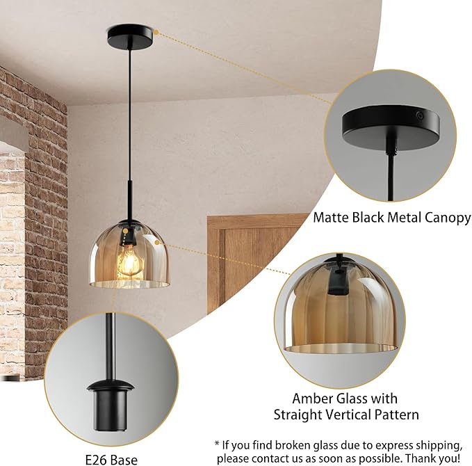 Modern Amber Glass Pendant Lights, Nordic Boho Dome Chandelier, 7.86" Bell Lamp Shape Hanging Ceiling Lighting Fixtures Kitchen Island Dining Room Table, Vintage Lampshade