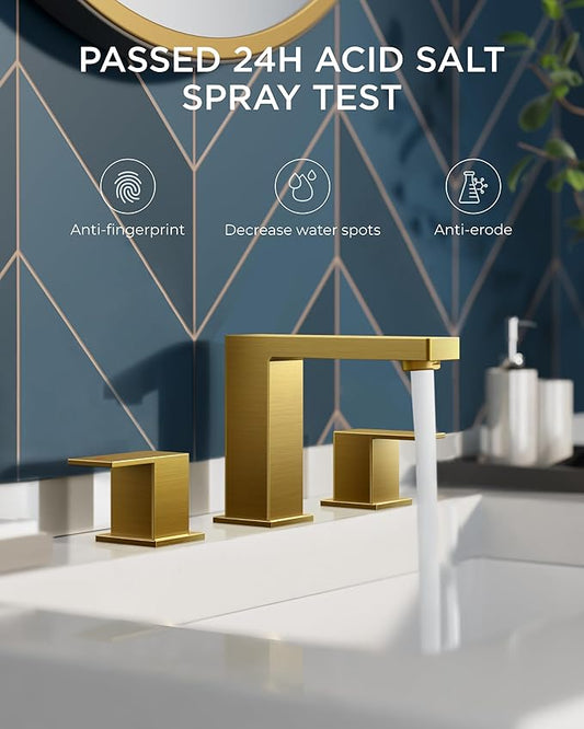 FORIOUS 8 Inch Widespread Gold Bathroom Faucet, Square 2 Handle Brushed Gold Bathroom Sink Faucet 3 Hole with Metal Drain, 24" CUPC Supply Lines and Spare Aerator, Vanity Sink Remodel