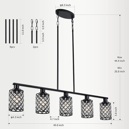 Kitchen Island Lighting,5-Light Dining Room Light Fixture Over Table,Black Linear Chandelier with Black Handmade Crystal Shade,Pendant Lighting for Kitchen Light Dining Table Living Room