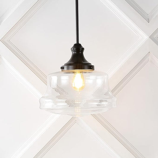 JONATHAN Y 14" Oil Rubbed Bronze 1-Light Iron and Glass Schoolhouse Pendant, Adjustable Height Bohemian Farmhouse Fixture for Kitchen Island Dining Room, LED Bulb Included JYL7585A