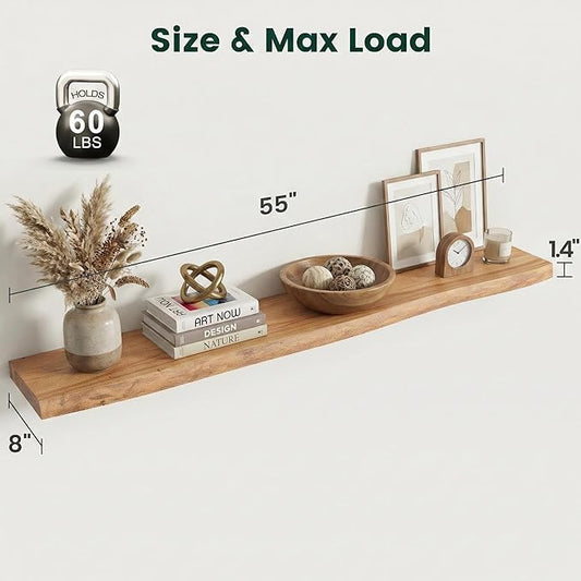 55 Inch Live Edge Floating Shelves, 8 Inch Deep Solid Elm Wood Wall Shelf, Heavy-Duty Wall Mounted Shelf with Invisible Brackets for Living Room, Bathroom, Kitchen, Set of 1, Natural Color