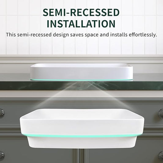DeerValley Bathroom Vessel Sink, 19.29'' x 11.81'' x 4.72'' Semi Recessed Bathroom Sink Rectangular White Ceramic Sinks for Bathroom Modern Bath Sink Bowl Vanity Sinks Above Counter Basin DV-1V0047