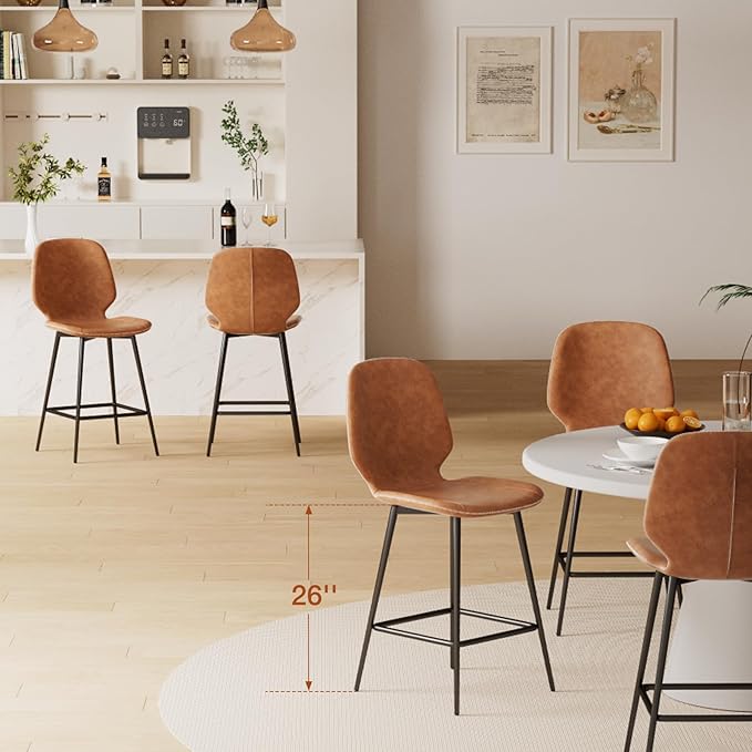 HOMMPA Counter Height Bar Stools Set of 3 Faux Leather 26'' Countertop Stool Chairs with Metal Legs Ergonomic Back Barstools for Kitchen Island Home Brown