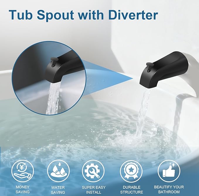 Universal Tub Spout for 1/2" Copper Pipe, 1/2" IPS and 3/4" IPS, Bathtub Faucet with Diverter and Adapter and Hex Wrench (Matte Black)