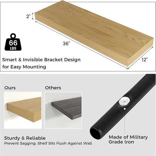 Venusmiles Floating Shelves for Wall, 36" W x 12" D x 2" H, 2 Pack of Long Wall Mounted Engineered Wood Shelves with Invisible Brackets for Living Room, Bedroom, Bathroom, Kitchen Decor, Oak
