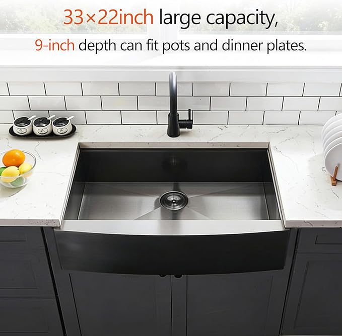 HOTIS 33 Inch Black Farmhouse Sink, Undermount Gunmetal Black Workstation Apron Front Kitchen Sink, 33 x 22 Stainless Steel Farm Sink 16 Gauge 9 Deep Single Bowl Kitchen Sink with Cutting Board