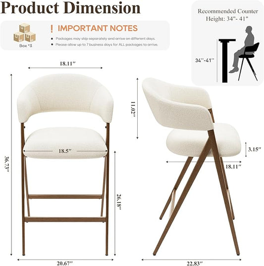 COLAMY Bar Stools Set of 6, Counter Height Bar Stools with Backs and Arms, Modern Upholstered Island Stools with Metal Legs for Kitchen Island, Counter, Dining Room, Beige