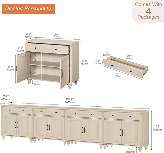 WAMPAT Buffet Cabinet with 8 Doors and 4 Drawers, Large Coffee Bar Table Wood Kitchen Storage Cabinets with Storage Cabinets, Modern Farmhouse Sideboard Credenza for Dining Room, Beige, 136 inch