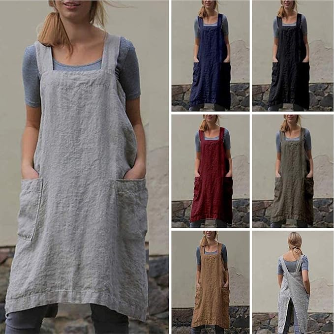Apron for Womens Cotton Linen Apron Cross Back with Pockets Pinafore Dress for Cooking