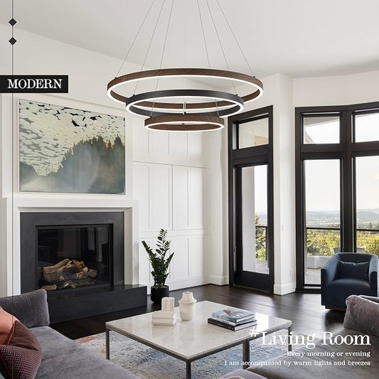 LED 3 Ring Chandelier Dining Room Modern Black Chandelier with Remote Control Dimmable High Ceiling Pendant Light for Entry Foyer Living Room Bedroom Kitchen Island, 75W