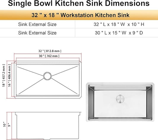 32 Inch Undermount Kitchen Sink, 16 Gauge T-304S Stainless Steel Workstation Sink with Accessories, 32" x 18" x 10" Large and Deep Single Bowl Kitchen Sink for Home, Kitchen and Outdoor