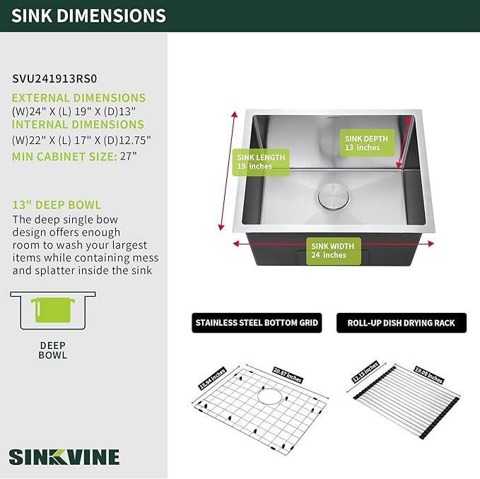 24-inch Undermount Laundry Utility Sink - SINKVINE 24x19x13 Extra Deep Stainless Steel Single Bowl Basin with Drain Strainer, Bottom Grid & Drying Unit for Laundry Room, Outdoor, Garage, Kitchen Use