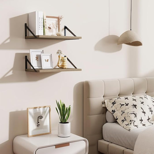 Acovy Floating Shelves for Wall,18" Wall Mounted Shelves Set of 2,Wood Floating Shelf with Bracket,Sturdy Metal Bracket Bookshelves Home Decor Storage for Living Room,Bedroom,Bathroom,Kitchen,Grey