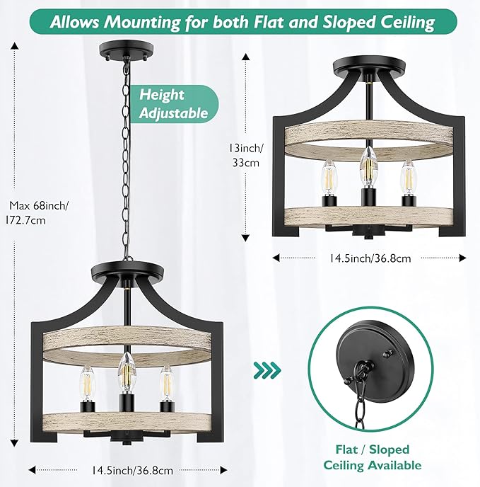 3-Light Farmhouse Chandelier, 14.5” Pendant Hanging Lighting Adjustable Height, Convertible Vintage Semi Flush Mount Ceiling Light Fixture, Rustic Chandeliers for Dining Room Foyer Entryway Kitchen
