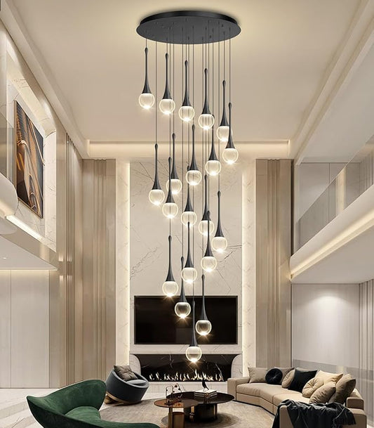 20 Light Crystal Chandelier for High Ceiling Dimmable LED Pendant Lights with Remote Adjustable Chandeliers for Staircase Foyer Living Room Black