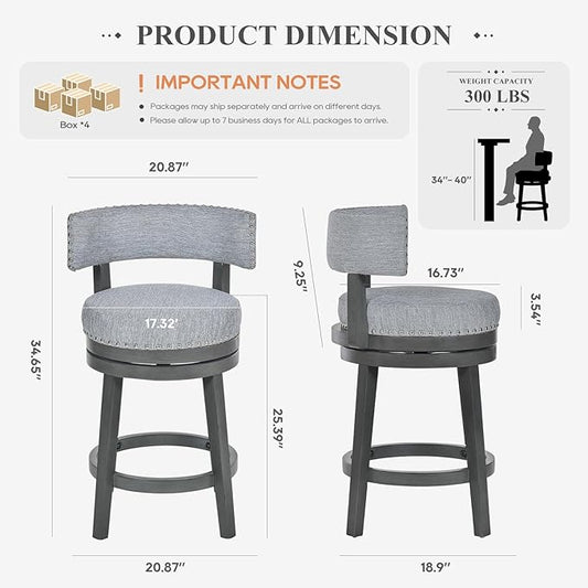 COLAMY Swivel Counter Height Bar Stools Set of 4, 25 Inch Modern Upholstered Kitchen Island Barstools with Back, Wood Swivel Bar Chairs for Counter Bar Dining Room, Grey