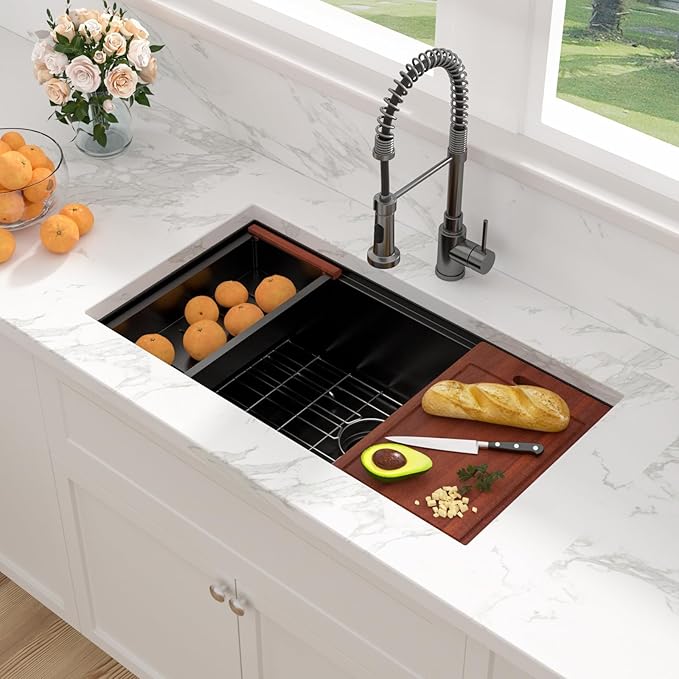 Sarlai 30 Matte Black Undermount Kitchen Sink Workstation - 30x18 Inch Kitchen Sinks with Ledge NANO-Tech Round Corner 16 Gauge Stainless Steel Single Bowl Sink Basin