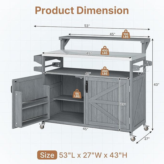 Zevemomo Outdoor Grill Cart with Raised Shelf, Stainless Steel Tabletop Outdoor Kitchen Island, Outdoor Buffet Cabinet with Lockable Wheels, Internal Storage Rack, Spice Rack for Grilling, Grey Blue